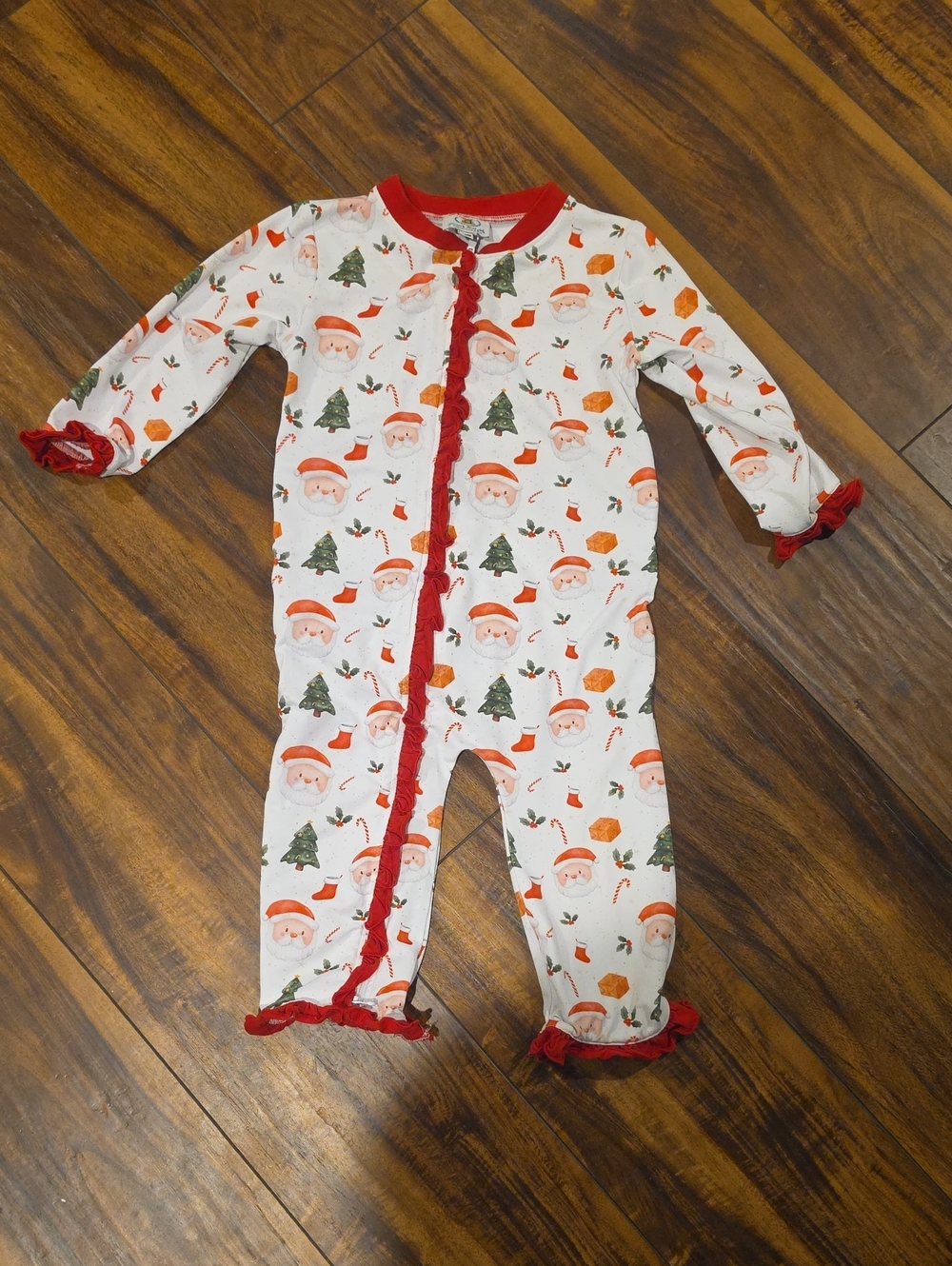 Christmas Santa Print Red-Trim Kids One-Piece Pajamas